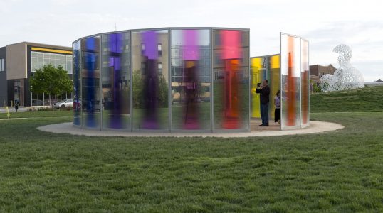 Olafur Eliasson (Danish, born 1967) panoramic awareness pavilion, 2013, Glass, metal, and light, 108 × 372 1/2 inches, Des Moines Art Center Permanent Collections; Purchased with funds from John and Mary Pappajohn